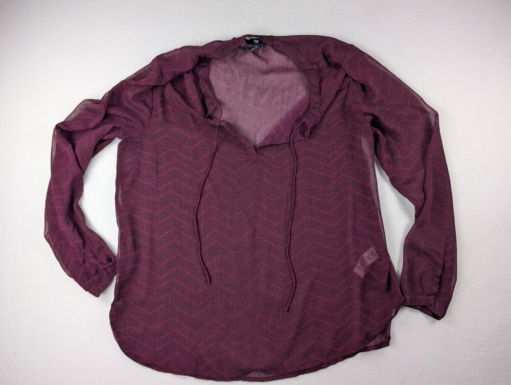 Gap Burgundy Sheer Chevron Blouse Medium Long Sleeve Tie Neck Y2K
